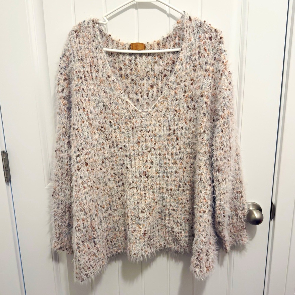 POL Womens V-Neck Eyelash Knit Oversized Sweater Cream Mauve BST175 Size M